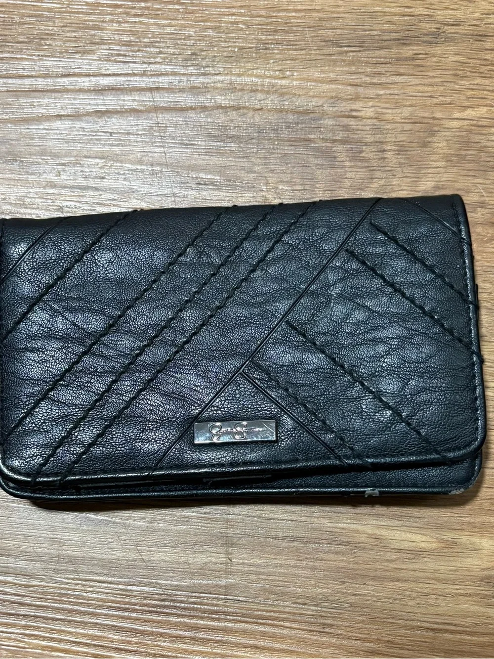 Jessica Simpson Black Checkbook Wallet Leopard Print Interior Faux Leather